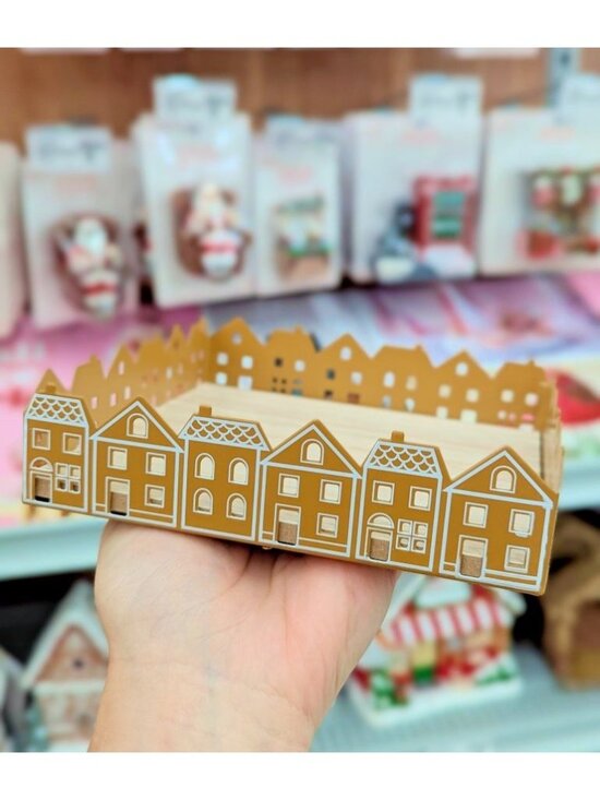 None Other - Decorative Wooden Tray With Gold-Tone House Border 5.9x5.9 Inches Rustic Chic Ta